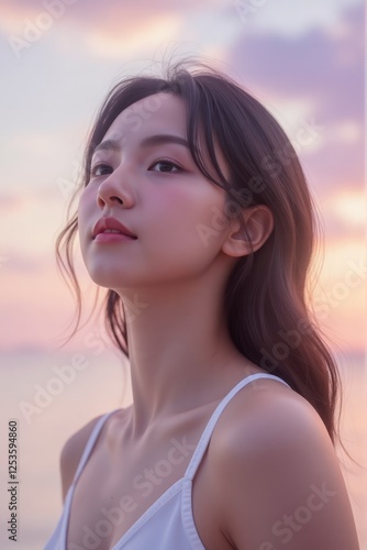 Wallpaper Mural Meta-spirituality: Emotions meet technology, a dreamy portrait of a woman with glowing hair and flowing clothing, bathed in pastel light, evoking introspection and spiritual awakening in a serene e Torontodigital.ca