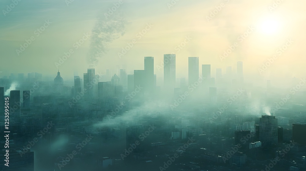 Urban Landscape with Fog and Pollution in a City at Sunrise Particulate Matter Concept Urban Landscape with Fog and Pollution in a City at Sunrise Particulate Matter Concept