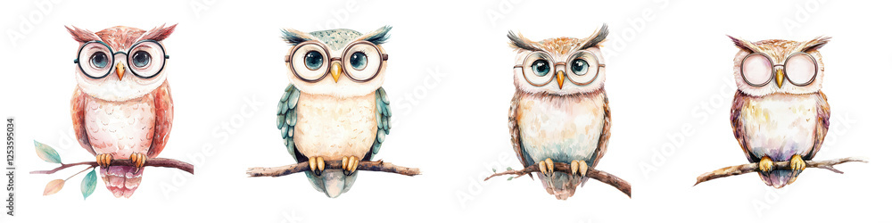 Fototapeta premium Wise Owl with Round Glasses Perched on a Branch Illustration