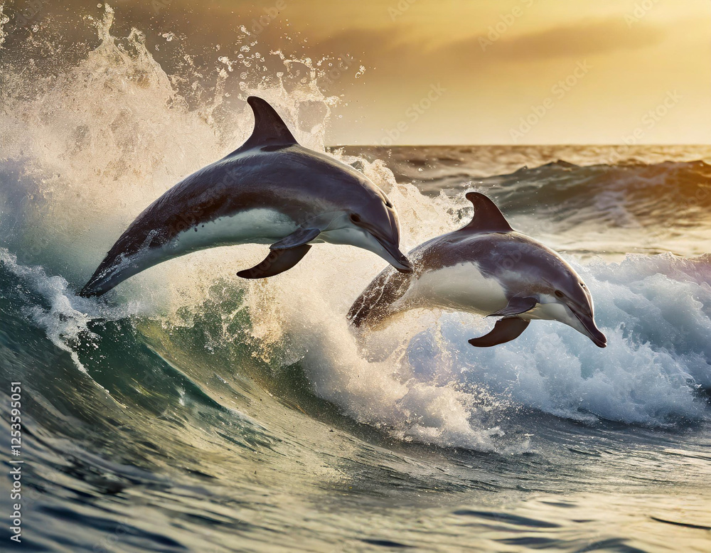 Fototapeta premium Playful dolphins jumping over breaking waves.