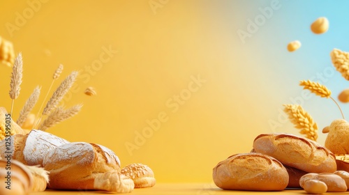 Fresh baked bread with golden wheat grains. photo