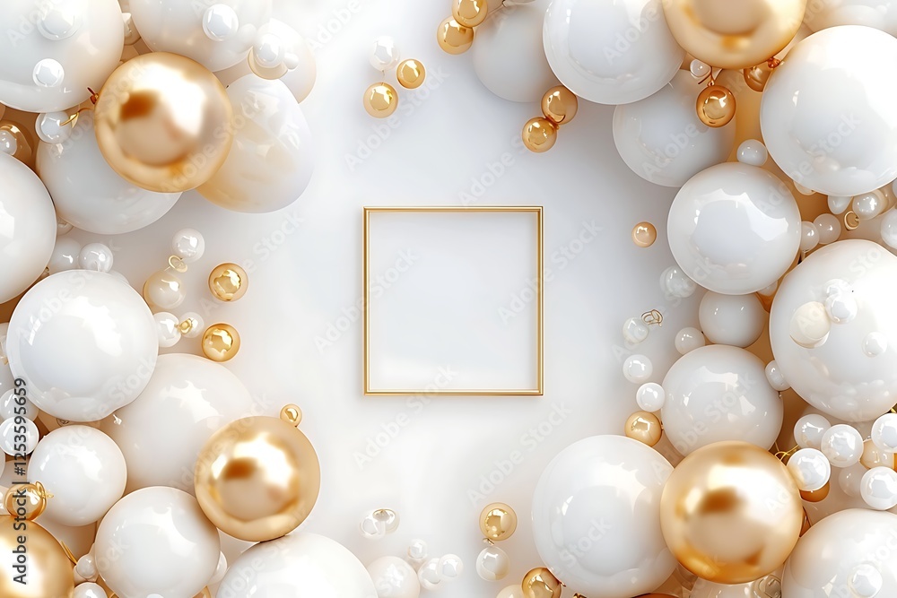 Abstract white and gold balloon arrangement with pearl elements, centered golden square for text on an elegant white background.