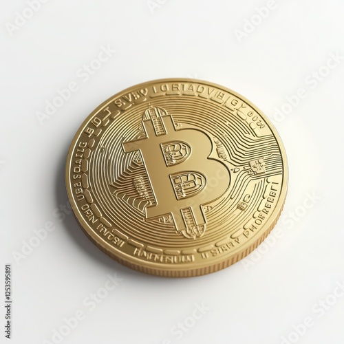 Close-Up of a Detailed Bitcoin Coin in Shimmering Gold Finish on a White Background, Ideal for Representing Cryptocurrency Themes, Digital Investment, and Modern Finance Concepts 