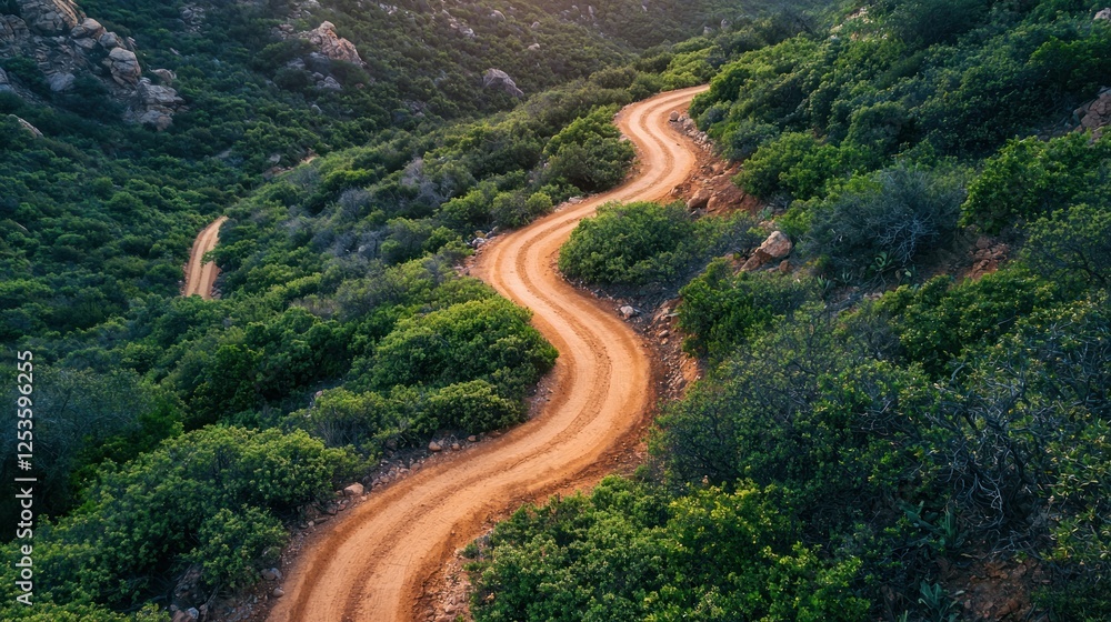 Winding dirt road through lush hillside, sunset. Travel brochure Winding dirt road through lush hillside, sunset. Travel brochure