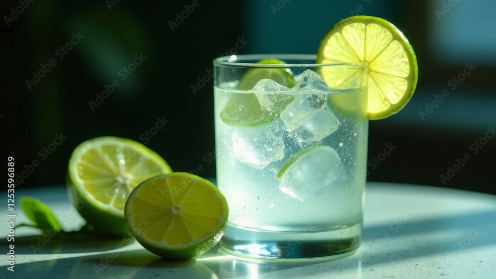 Refreshing lime beverage with ice cubes in a glass Refreshing lime beverage with ice cubes in a glass