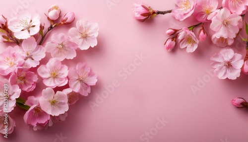 sacura cherry flowers over pink background with copy space