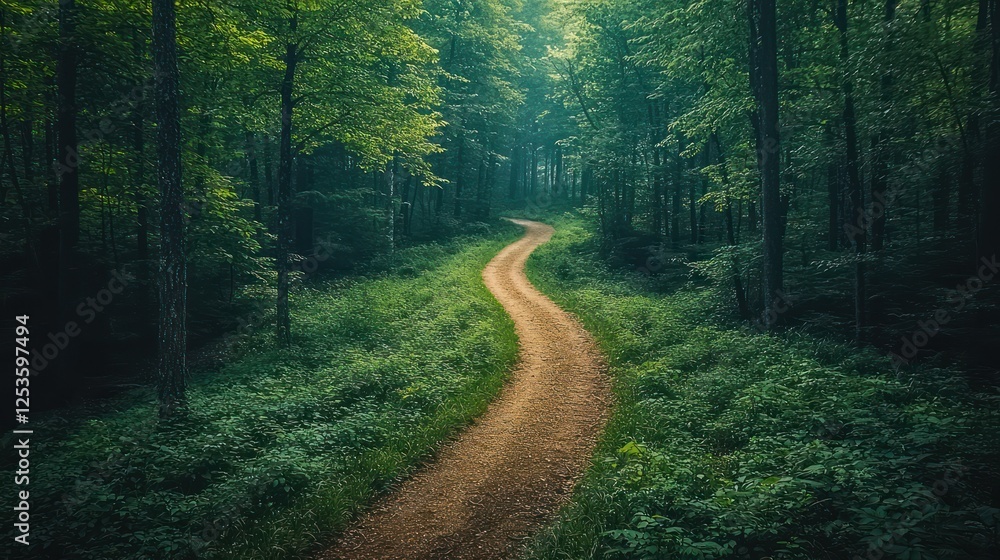 Obraz premium Winding forest path, sunlight dappling leaves, tranquil scene, nature backdrop