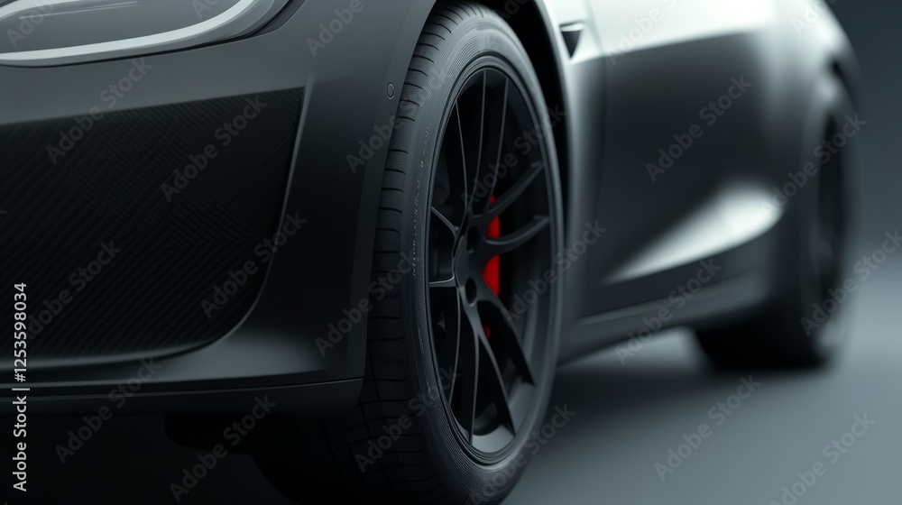Sleek black car front view, detailed closeup of grill, lights, bumper and hood design Sleek black car front view, detailed closeup of grill, lights, bumper and hood design