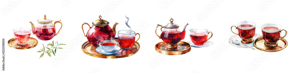 Elegant Turkish Tea Set with Brass Tray and Unique Teacups Display Elegant Turkish Tea Set with Brass Tray and Unique Teacups Display