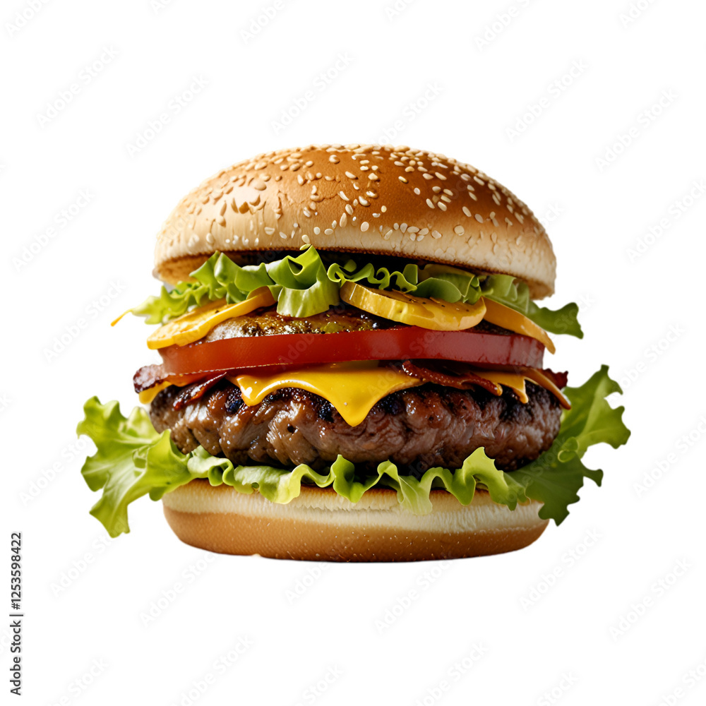 A savory double decker burger with cheese burger on transparent background, Junk Food and Fast Food Restaurants A savory double decker burger with cheese burger on transparent background, Junk Food and Fast Food Restaurants