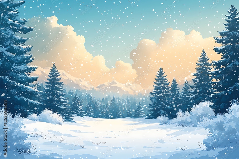 Fototapeta premium Serene Winter Sunrise over Snowcapped Pines