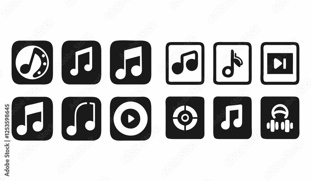 Set of Black and White Music Icons for Digital Media Set of Black and White Music Icons for Digital Media