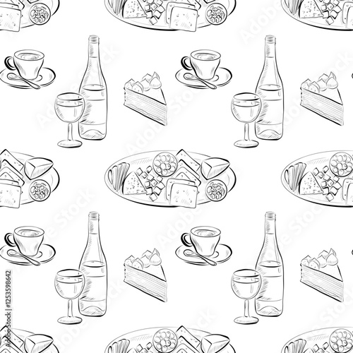 vector seamless pattern line art elements - food, cuisine