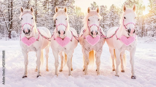 Wallpaper Mural A group of four white horses with pink heart-shaped necklaces stand in a snowy field. Torontodigital.ca