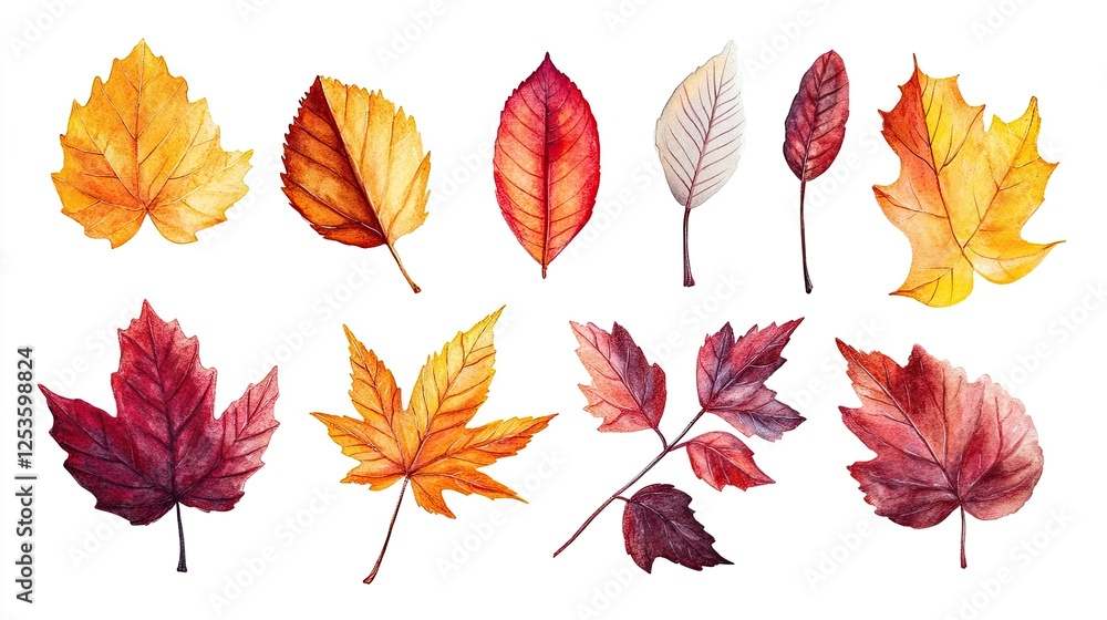 Obraz premium Serene watercolor scene of fall leaves in various shades of red, orange, and yellow