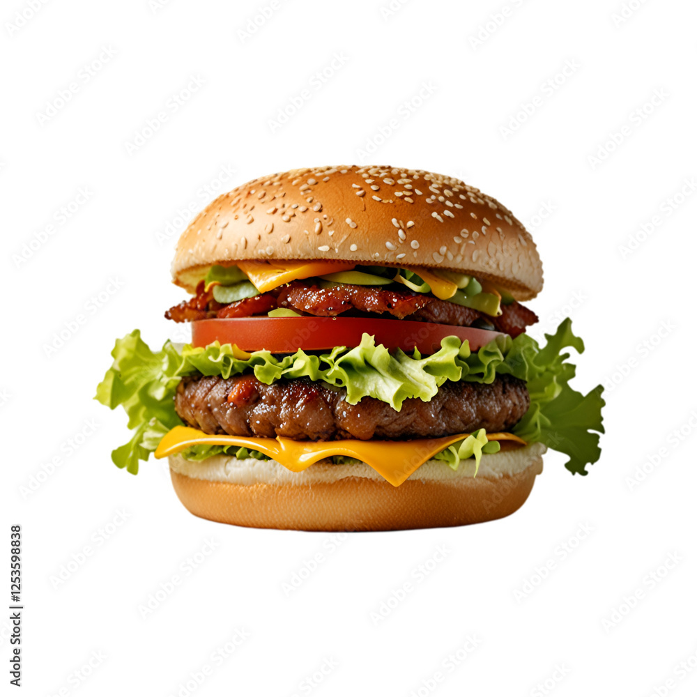 A savory double decker burger with cheese burger on transparent background, Junk Food and Fast Food Restaurants A savory double decker burger with cheese burger on transparent background, Junk Food and Fast Food Restaurants