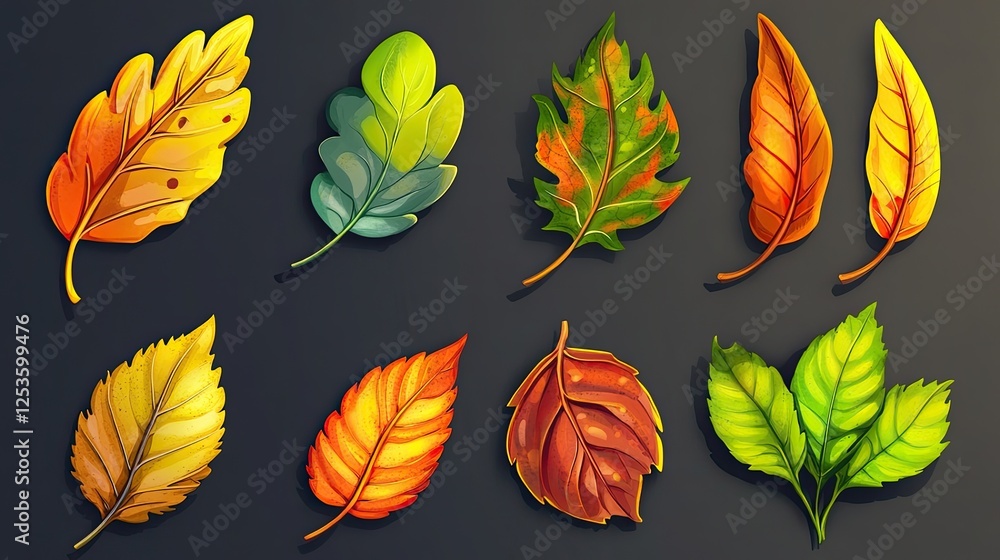 Obraz premium Set of autumn leaves in cartoon style for seasonal banner