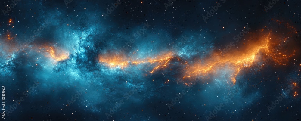 Naklejka premium A vibrant cosmic scene depicting swirling clouds of gas and stars in deep space.