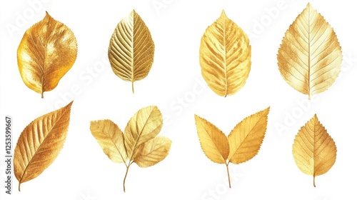 Set of golden leaves on white background