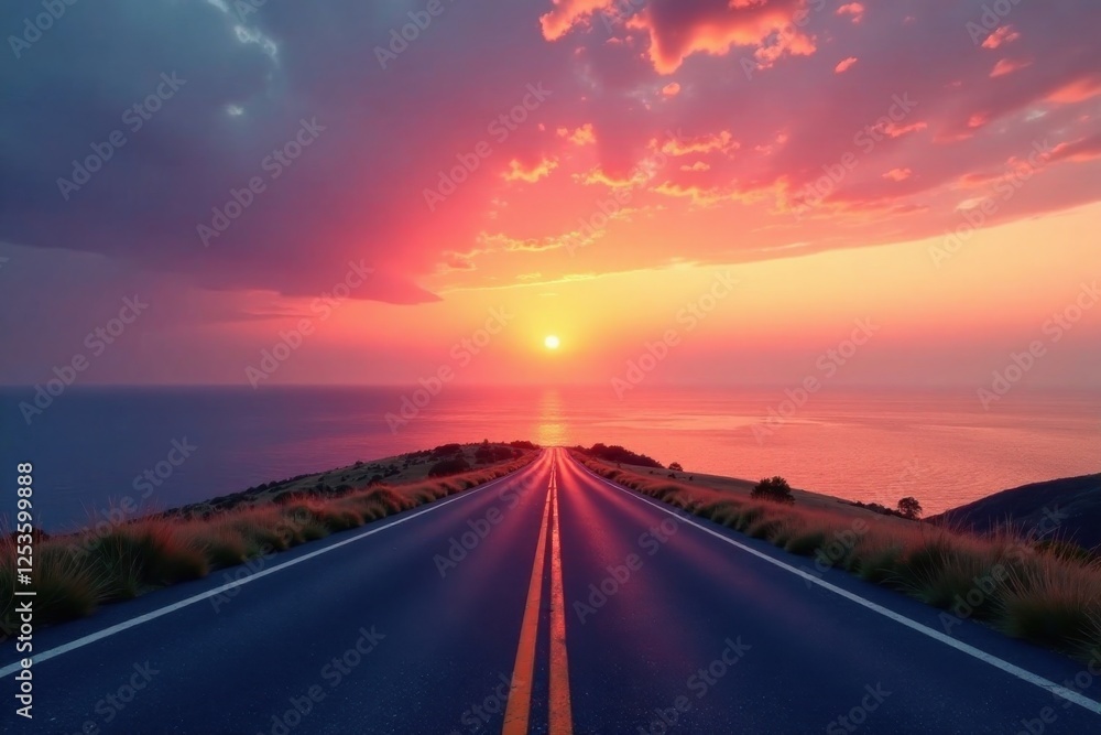 Fototapeta premium Asphalt ribbon unfurls towards a vibrant sunset over tranquil ocean waters, a picturesque coastal drive at dusk