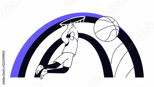 A basketball player is dunking the ball into the hoop with a rainbow arc in the background. The illustration uses bold lines and a limited color palette of black, white, and purple.AI