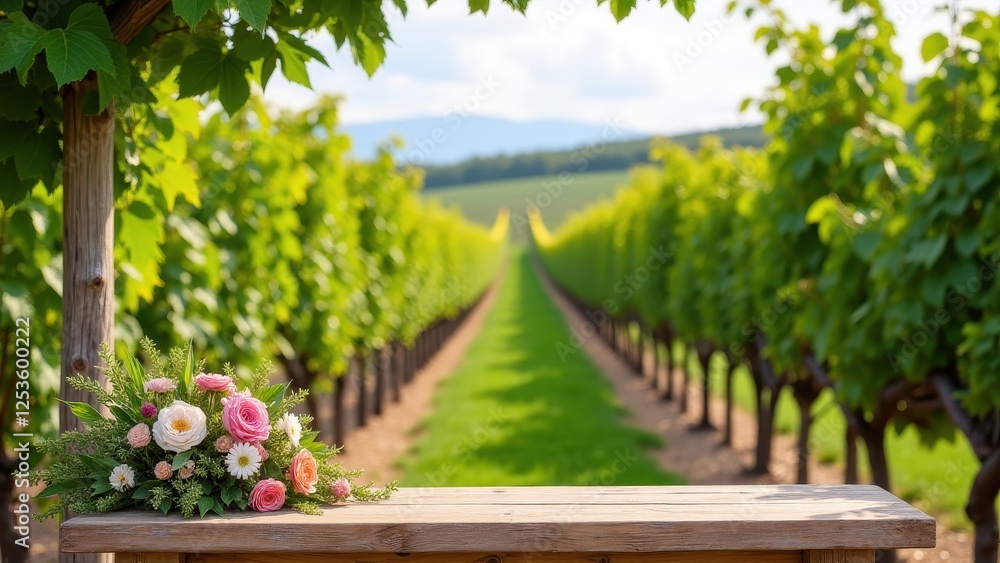 Fototapeta premium Table Setting Mockup for Weddings, Vineyard wedding table with rustic wood and wildflowers clear background.