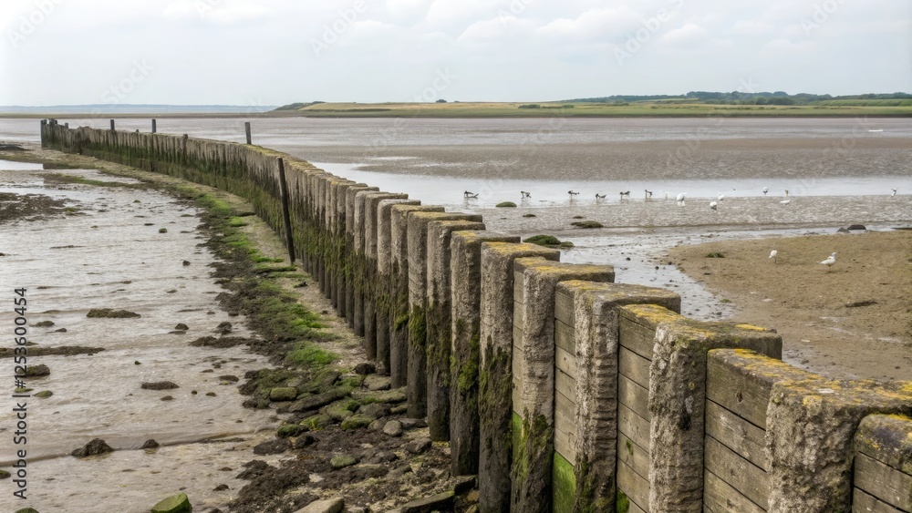 Weathered stone walls of a groyne stretch out into the mudflats at low tide, creating a unique habitat for wading birds and other wildlife, groynes, mudflats, erosion patterns, tidal zone, north sea Weathered stone walls of a groyne stretch out into the mudflats at low tide, creating a unique habitat for wading birds and other wildlife, groynes, mudflats, erosion patterns, tidal zone, north sea