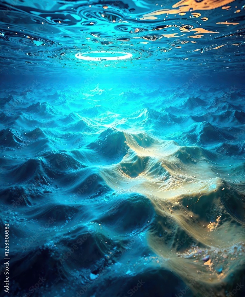 Fototapeta premium Wavy ocean water illuminated by an underwater LED light, bioluminescence, glowing ocean, underwater lights