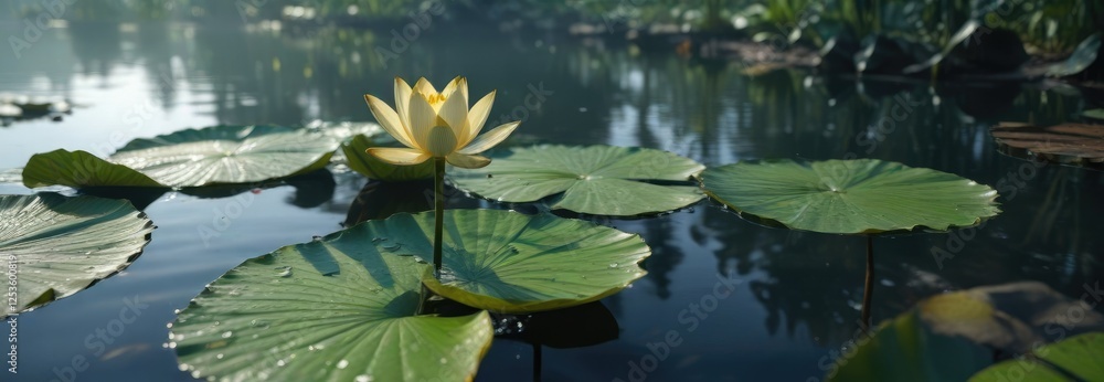 Water lotus leaf with dew on a calm tropical lake , Aquatic life, Morning mist Water lotus leaf with dew on a calm tropical lake , Aquatic life, Morning mist
