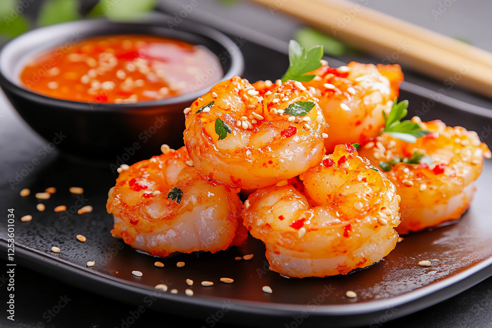 Spicy Tempura Shrimp with Tangy Dipping Sauce, Sesame Seeds, and Chili Flakes on a Black Plate in a Blurred Restaurant Setting Spicy Tempura Shrimp with Tangy Dipping Sauce, Sesame Seeds, and Chili Flakes on a Black Plate in a Blurred Restaurant Setting