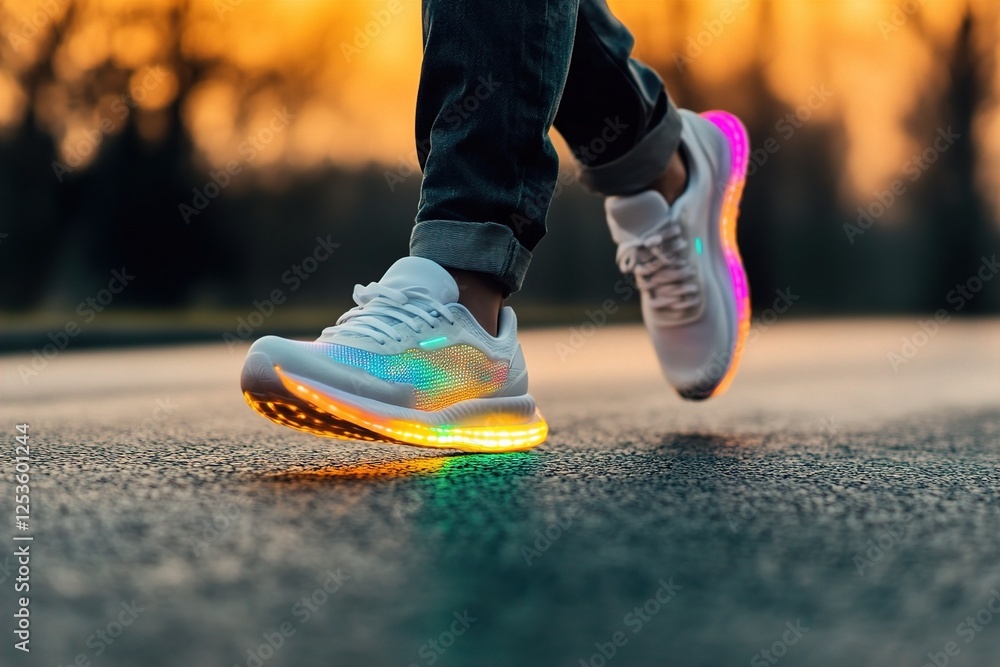 A stylish person wearing colorful light-up sneakers walks along a street during sunset, showcasing vibrant colors against a warm backdrop. A stylish person wearing colorful light-up sneakers walks along a street during sunset, showcasing vibrant colors against a warm backdrop.