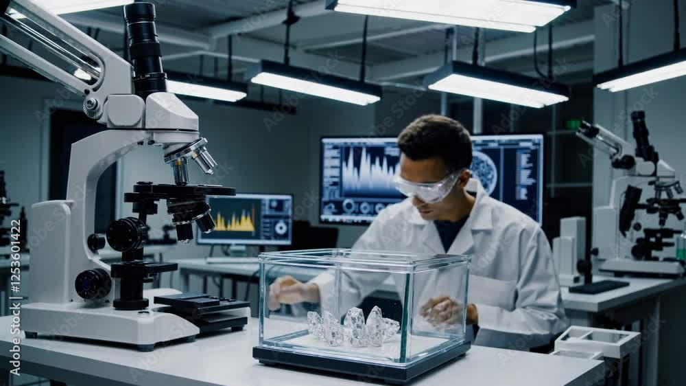 Scientist Examining Crystalline Samples in a Modern Laboratory Scientist Examining Crystalline Samples in a Modern Laboratory