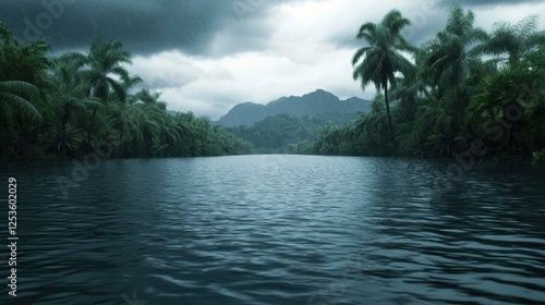 Serene Rainy Landscape with Lush Greenery and Calm Water Reflection