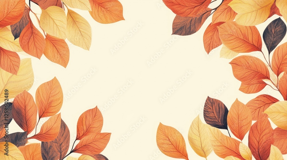 Fototapeta premium Top and bottom border of autumn leaves in orange and yellow tones