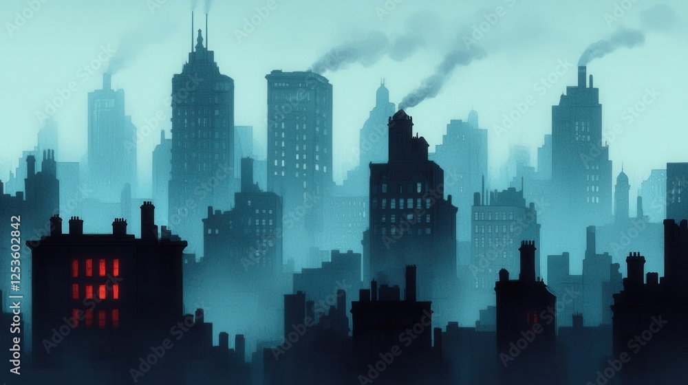 Fototapeta premium Urban Silhouette with Fog and Smoke in a Mysterious Landscape