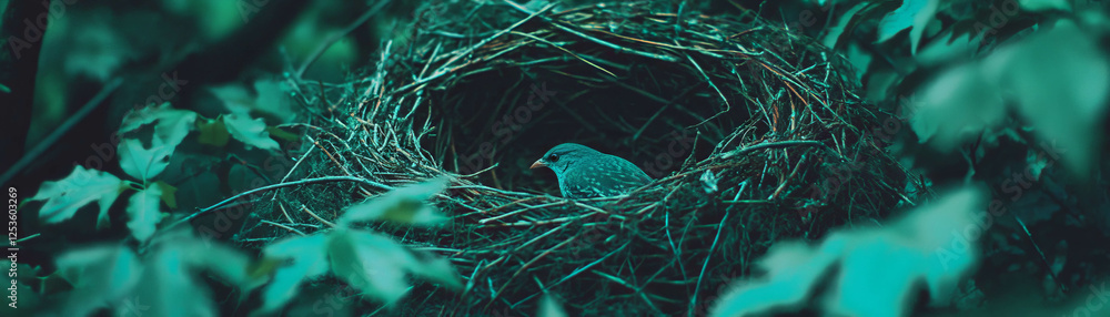 Fototapeta premium Nest woven from twigs and leaves with halftone texture against a grunge background