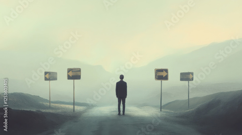 Man at crossroads facing decision on choosing the right path in a foggy landscape, symbolizing life choices and direction for personal growth