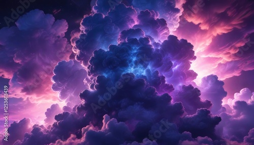 Vibrant and colorful abstract cloud formation lit from within by neon light including blue and purple hues, cloudy, vibrant