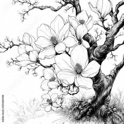 Wallpaper Mural Line art of a magnolia tree in full bloom with large white flowers Torontodigital.ca