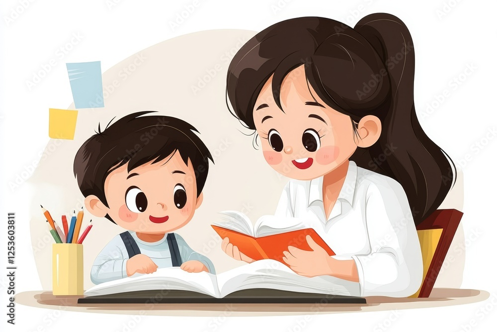 A chibi-style tutor giving a fun and engaging lesson to a small student A chibi-style tutor giving a fun and engaging lesson to a small student