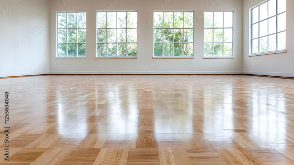 Fototapeta premium Empty room with parquet floor and large windows, bright sunlight
