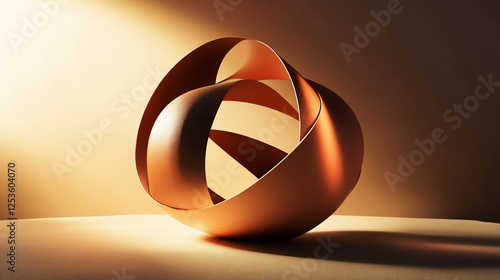 Abstract copper colored ribbon object with soft lighting on a tan surface photo