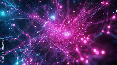 Abstract network of glowing purple and blue dots connected by lines on dark background