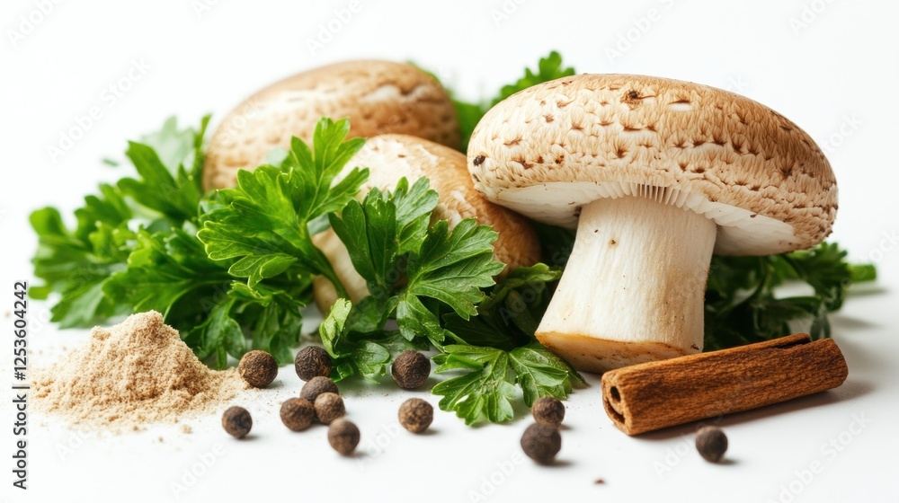 Fresh Mushrooms with Parsley, Black Pepper, and Cinnamon Sticks on White Background Fresh Mushrooms with Parsley, Black Pepper, and Cinnamon Sticks on White Background
