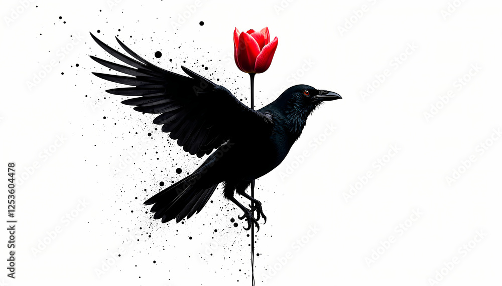 Fototapeta premium Dark crow with a red tulip and ink splashes on a white background