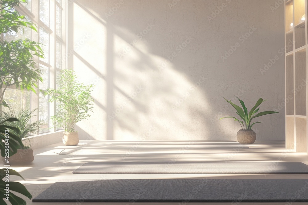 Sunlit minimalist room with yoga mats and plants. Sunlit minimalist room with yoga mats and plants.