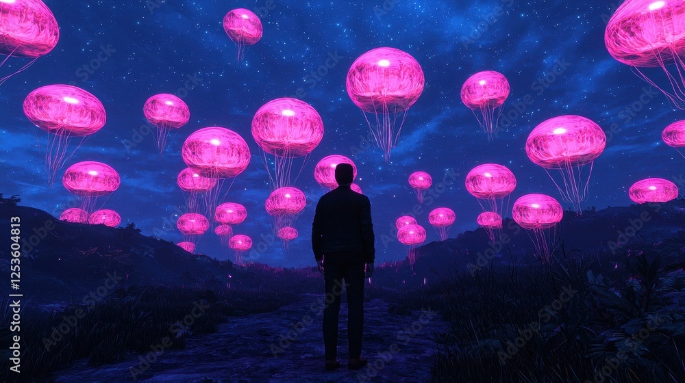 Surreal Landscape with Floating Pink Jellyfish in Starry Night Sky Surreal Landscape with Floating Pink Jellyfish in Starry Night Sky