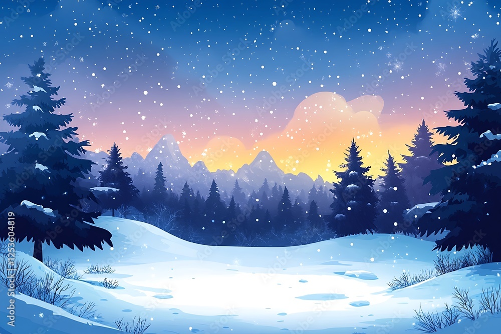 Naklejka premium Peaceful Winter Hills Evening Landscape