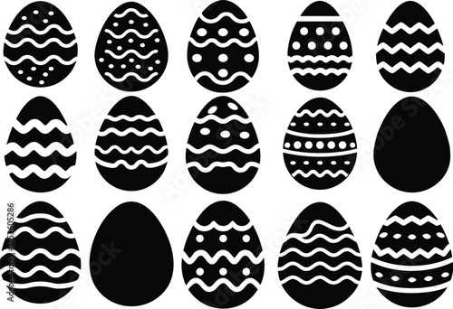 Easter Eggs Silhouette Vector, Eggs Vector illustration set, symbol of happy Easter graphic shapes, black and white cute spring set.