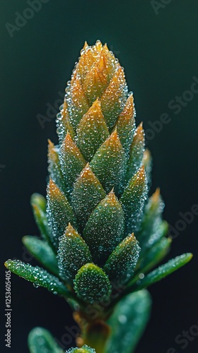 HD Phone Wallpaper Dew Covered Pine Cone Close Up Vibrant Green and Orange Conifer Macro Photography